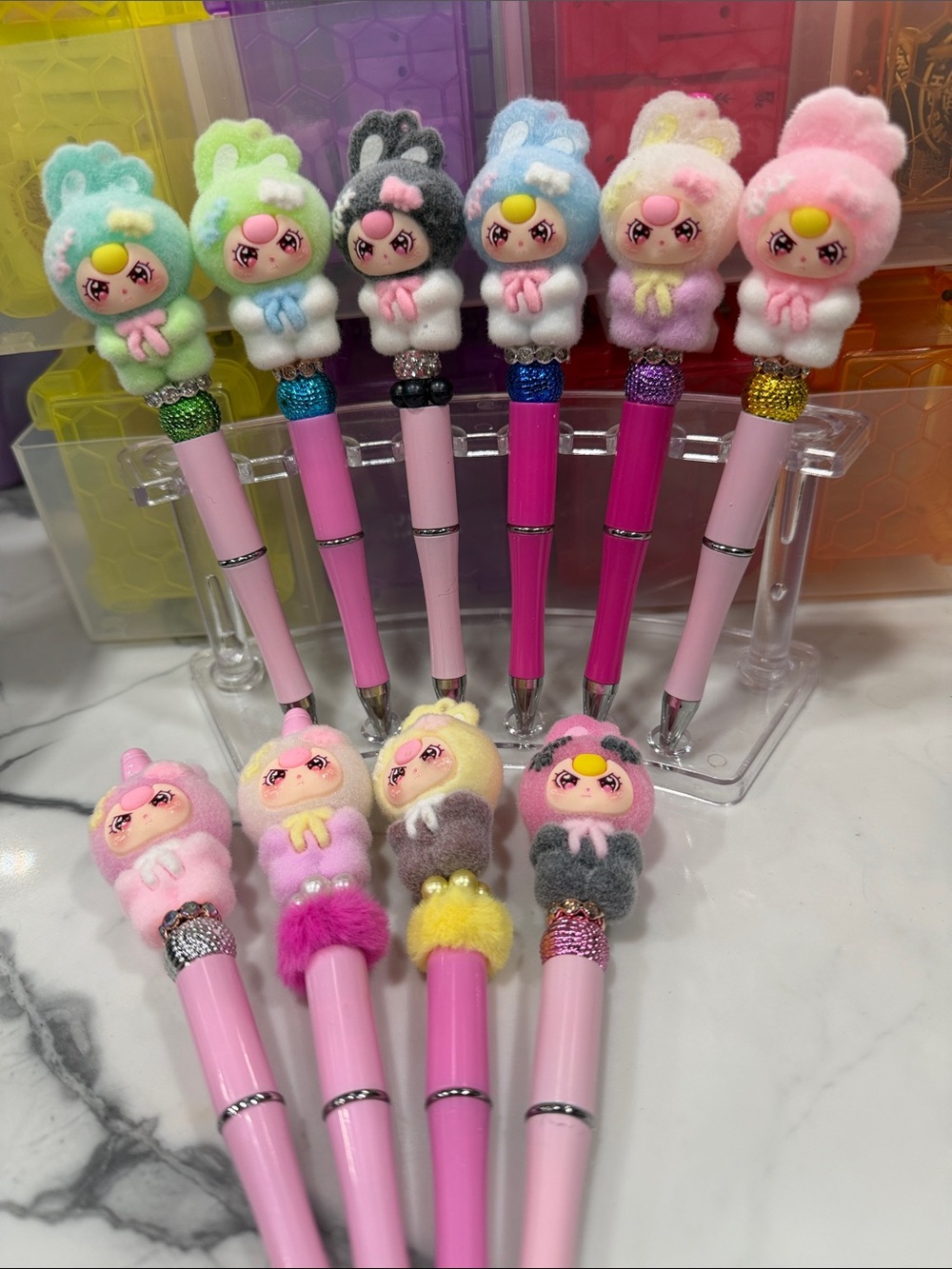 Cute Kawii flocking rabbit Plush Character Ballpoint Pens - Pink / Multi Color
